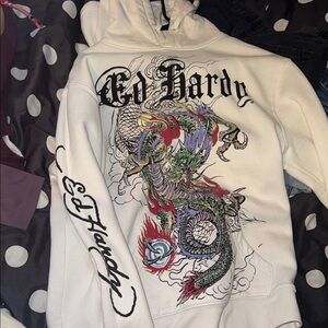 Ed Hardy White Hoodie with Colorful Dragon Design